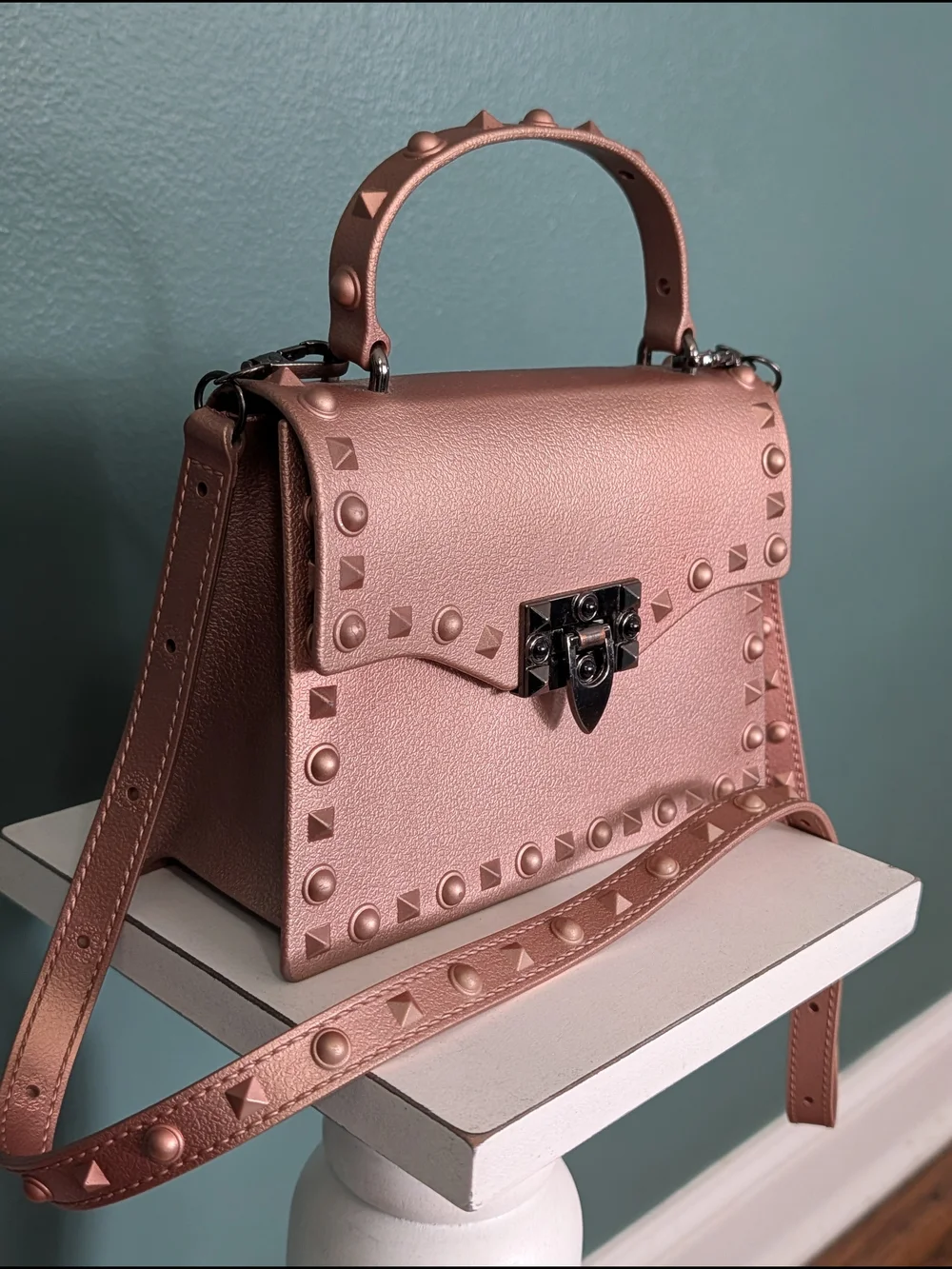 Metallic Rose Gold Studded Jelly Handbag/Crossbody Bag